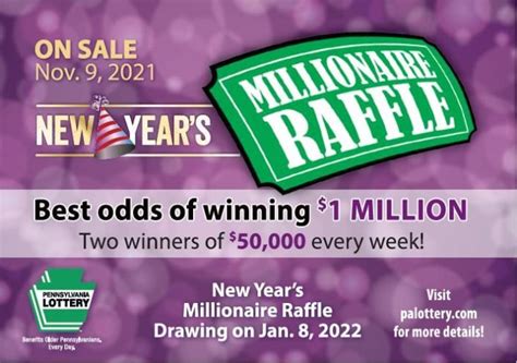 PA’s 16th annual New Year’s Millionaire Raffle concluded on Saturday, minting four new millionaires across the Keystone state. Four others won $100,000 each and 100 more won $1,000. The $1 million winning ticket numbers selected were: 00127141, 00278091, 00357843, and. 00411951. The long list of winning ticket numbers including these and ...